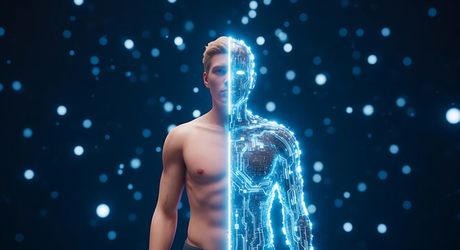 Futuristic man with half human and half digital body showing technology's impact on identity and the future