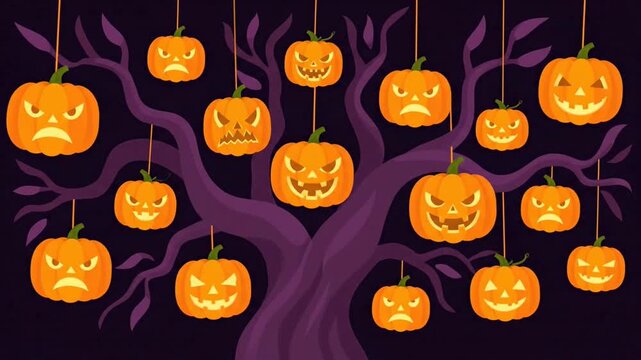 A spooky Halloween tree decorated with many hanging jack-o'-lanterns.