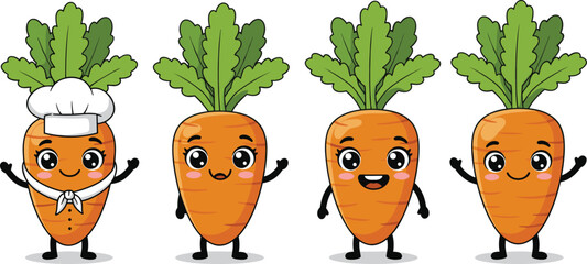 Cute cartoon carrot characters with chef hat, scarf, and happy expressions, adorable vegetable vector illustrations for fun and healthy design.