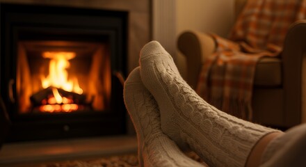 Cozy feet in warm cable-knit socks by a burning fireplace, embodying comfort and relaxation on a cold evening.