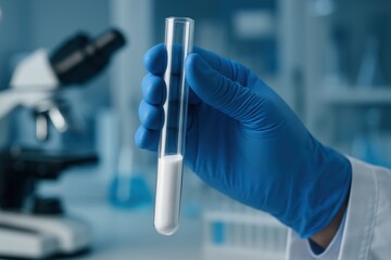 Science Experiment: A gloved hand holds a test tube filled with a sample in a laboratory setting. Capturing the essence of scientific exploration.