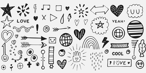 Collection of hand drawn doodle icons and symbols including hearts stars arrows and text elements