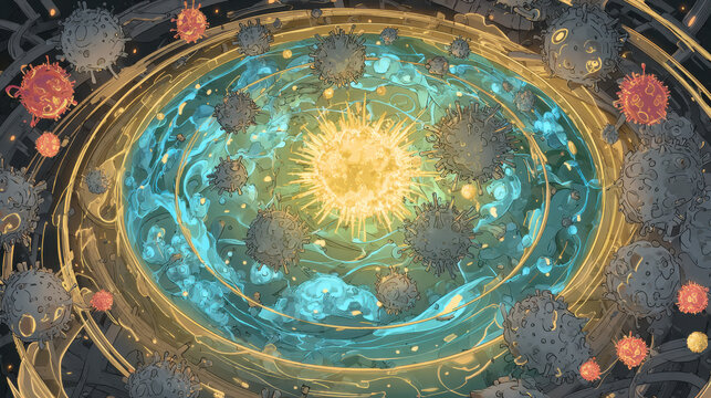 Conceptual illustration of immune system fighting against viruses and bacteria