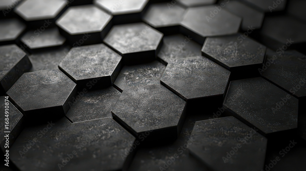 Poster Abstract hexagonal pattern with black and gray geometric shapes creating three dimensional honeycomb structure surface texture background
