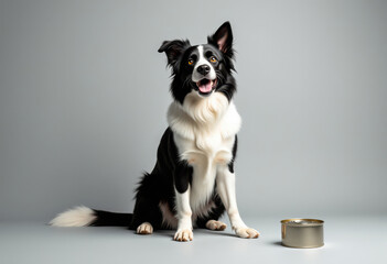 Border collie dog sitting and waiting for food, grey background.Border collie dog sitting and waiting for food