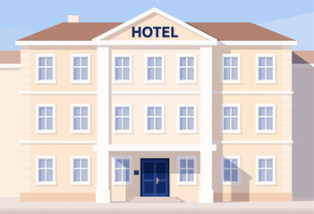 Illustrated Hotel Facade in Soft Pastels Under Clear Sky