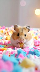 Cute hamster eating in colorful bedding