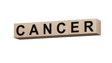 Text CANCER on wooden cubes. Square wood blocks. Top view, flat lay.close up of wooden cubes,Business Concept.Supports PNG files with transparent backgrounds.
