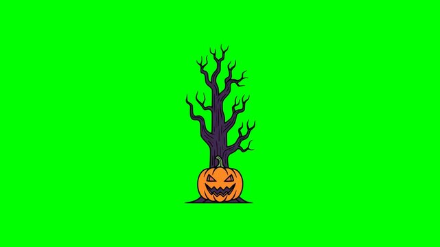 Spooky vector animation showing evil Jack o lantern pumpkin beneath twisted haunted tree branches in eerie Halloween scene