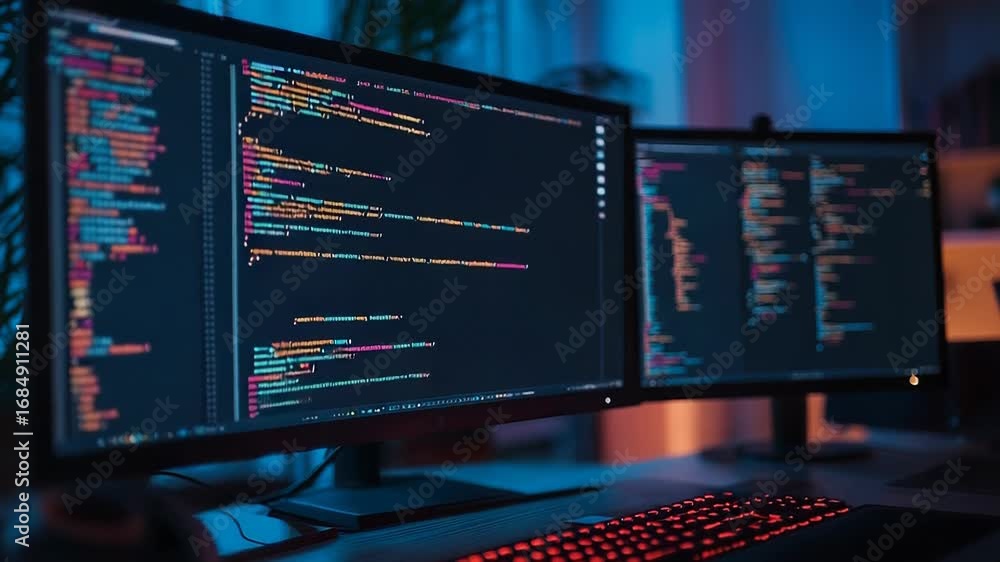 Poster computer monitors showing programming code on desk at night