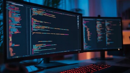Computer monitors showing programming code on desk at night - Powered by Adobe