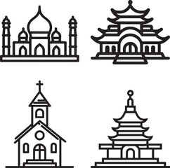 Diverse Religious Buildings line art. Mosque, Pagoda, Church, Temple