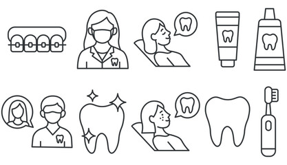 Dental vector set. Dentist, orthodontist, braces, patient, tooth, toothpaste, toothbrush, oral hygiene and stomatology icons in flat style for medical and healthcare design