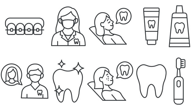 Dental vector set. Dentist, orthodontist, braces, patient, tooth, toothpaste, toothbrush, oral hygiene and stomatology icons in flat style for medical and healthcare design