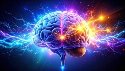 An artistic illustration of electric pulses representing brain activity. A glowing human brain is depicted with bright neural pathways illuminated in vivid colors.
