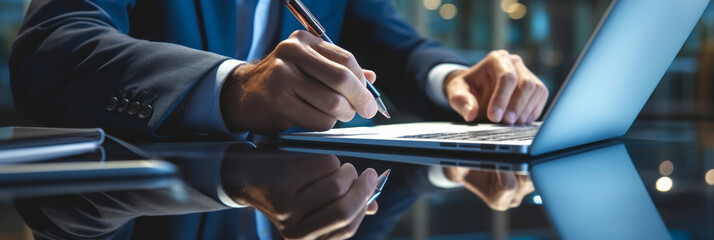 Mid 30s businessman using stylus pen e-signing digital document on tablet at contemporary office desk, laptop computer nearby - paperless workflow, online contract approval