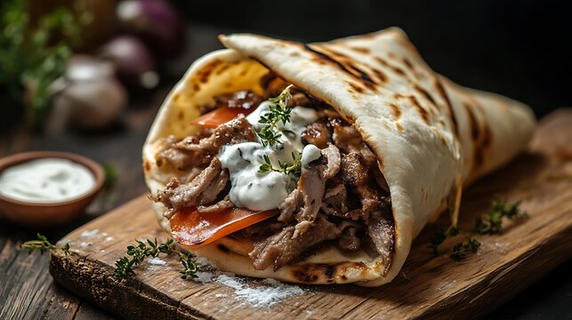 Greek gyros warped in a pita bread on a wooden background