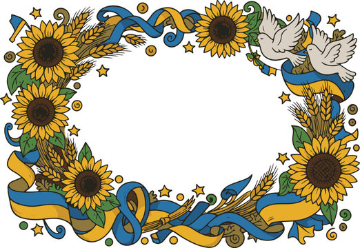 Decorative Frame with Sunflowers and Ribbons in Doodle Cartoon Style. Defenders Day Ukraine