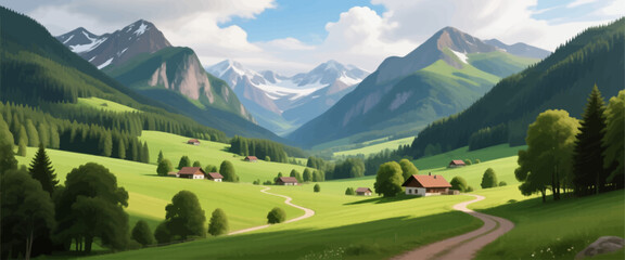 Serene Mountain Valley with Green Meadows and Farmhouses