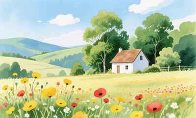 Fototapeta premium Serene Countryside Cottage in Wildflower Meadow