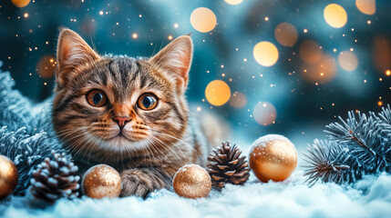 Adorable tabby kitten surrounded by golden Christmas baubles, pine cones, and festive blue pine branches with soft bokeh lights