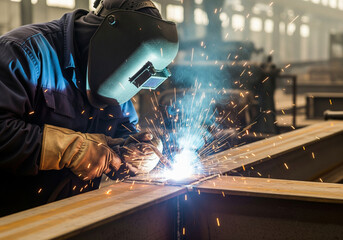 Professional welder in a protective mask and gloves carefully joining heavy steel beams with bright sparks flying in a manufacturing facility