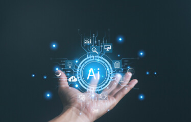 Futuristic concept of artificial intelligence technology with glowing AI icon above human hand, symbolizing digital innovation, machine learning, and advanced data solutions.