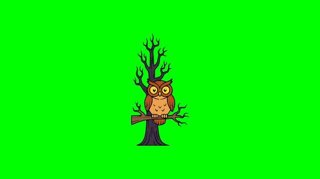 Dark eerie vector animation showing wise owl perched on dry haunted tree with sharp branches in Halloween atmosphere