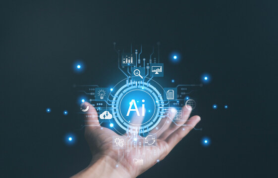 Futuristic concept of artificial intelligence technology with glowing AI icon above human hand, symbolizing digital innovation, machine learning, and advanced data solutions.