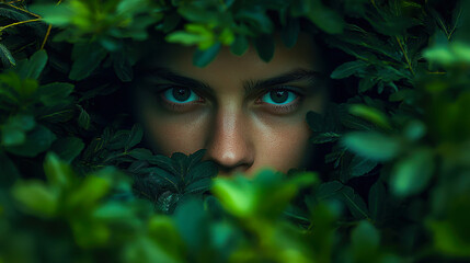 Mysterious Person Hiding in Lush Green Bushes with Intense Gaze, Hide and Seek, Concealment Concept