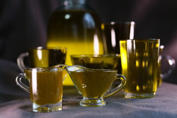 different types of oils olive sunflower corn Vegetable fats. Set of different oils and ingredients isolated on white