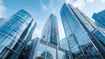 Fototapeta premium Low-angle view of modern glass skyscrapers against a partly cloudy sky