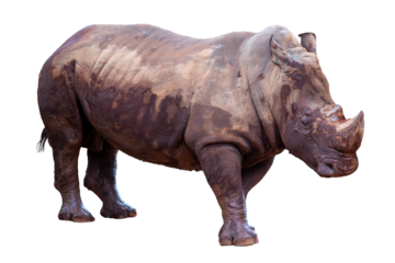 An isolated white rhinoceros with a large horn on a plain white background