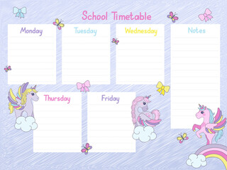 A vibrant school timetable featuring unicorns and pastel colors, designed for organizing weekly activities. Includes sections for each weekday and notes with decorative elements.