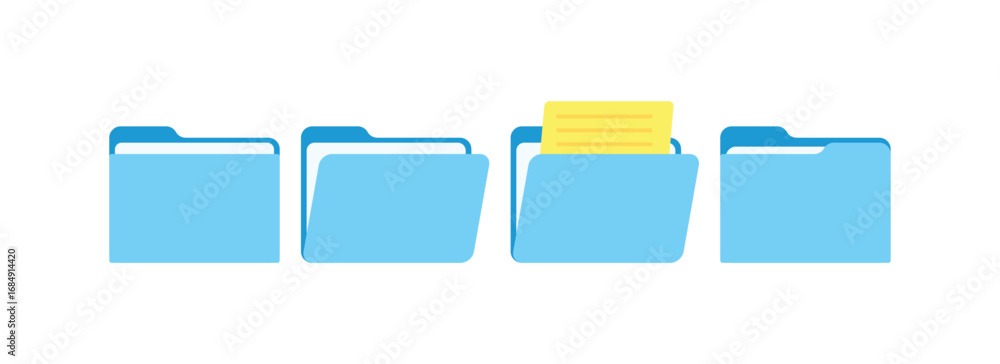 Poster folder icon set in blue. this comprehensive vector collection includes closed, open, and document fo