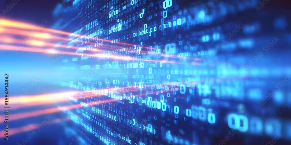 Poster digital data stream with binary code and light trails