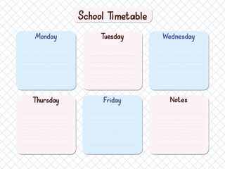 School timetable vector illustration featuring editable blocks for each day of the week and a notes section. Perfect for organizers, students, or teachers needing a structured weekly plan.