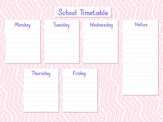Editable vector school timetable organized from Monday to Friday with additional notes section. Pink zigzag background enhances the neat layout for easy planning.