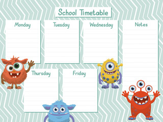 Cheerful monster-themed school timetable vector illustration featuring colorful cartoon creatures next to days of the week. Perfect for planning kids' school activities and notes.