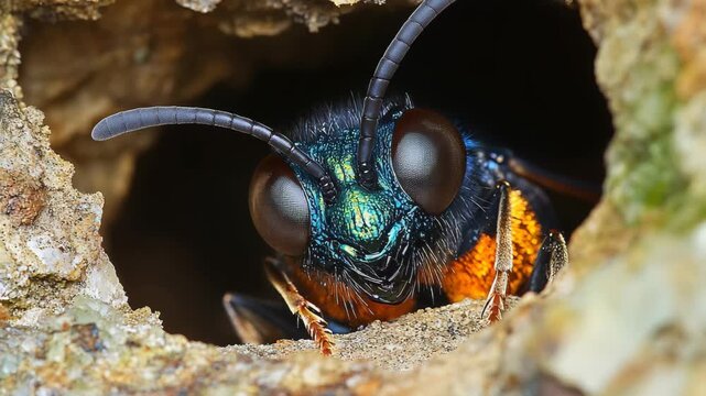 An incredible insect with vibrant colors peeks out from its earth toned burrow, showcasing the intricate textures and designs of the natural world. Experience the beauty of small wonders.