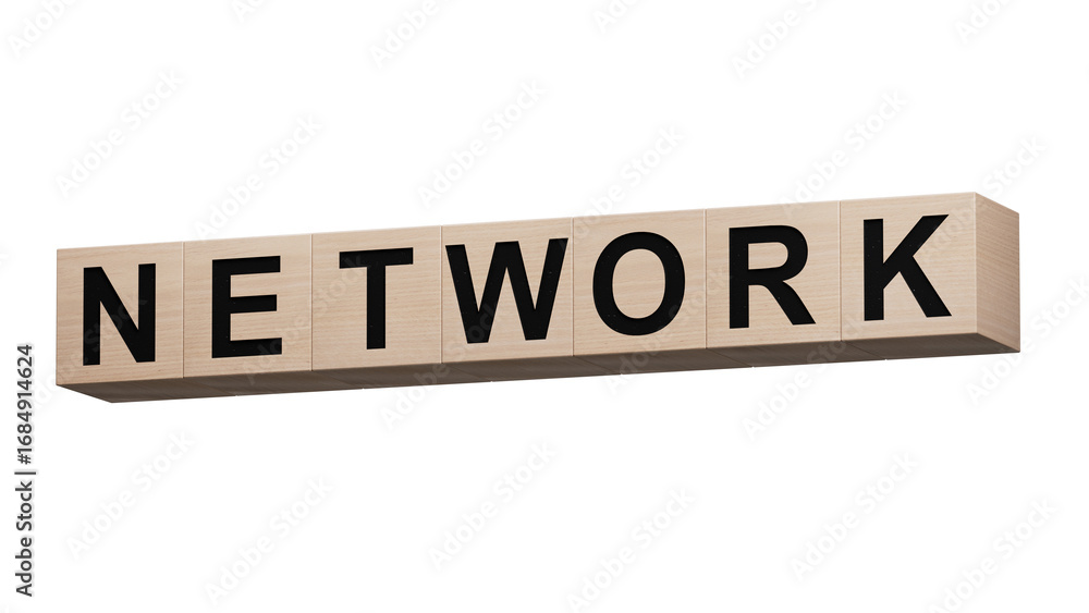 Poster network - word concept. minimalist abstract design with close up of wooden cubes,supports png files 