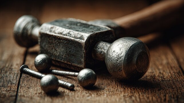 Close-up of an antique hammer and small metal balls on a wooden surface. - Powered by Adobe