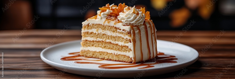 Poster indulgent four layered maple cake slice with glaze on rustic table setting for autumn celebrations