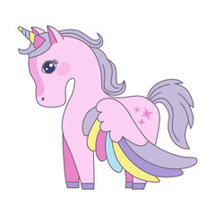 Pink unicorn with rainbow wings and sparkly details standing gracefully. This whimsical vector illustration captures the charm and fantasy of a legendary mythical creature