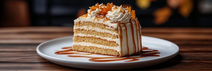 Indulgent Four Layered Maple Cake Slice with Glaze on Rustic Table Setting for Autumn Celebrations