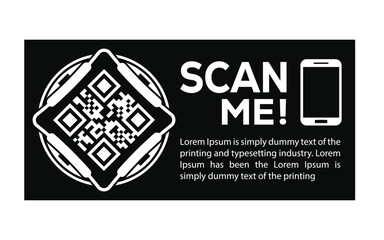 Promotional QR code graphic with “Scan Me!” text, smartphone icon, and placeholder content. Ideal for marketing, digital campaigns, and interactive print or web design templates. © bibin