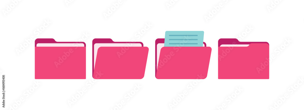 Poster folder icon set in pink. this comprehensive vector collection includes closed, open, and document fo