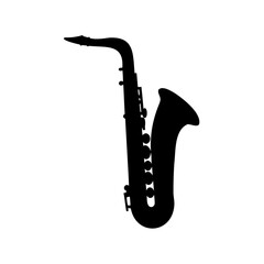 Elegant silhouette of a saxophone standing gracefully against a bright white background