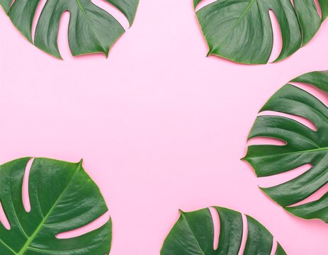 Tropical leaves on pink background