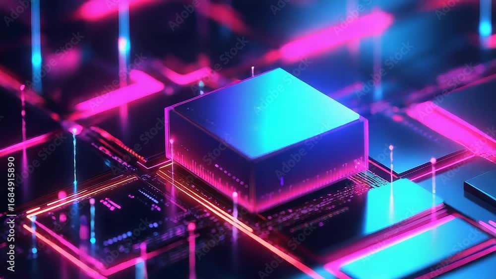 Poster quantum computer processing data on futuristic circuit board with neon lights